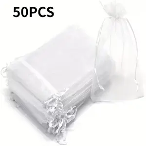50 Breathable Mesh Organza Bags, Transparent Drawstring Pouches, Ideal for Wedding Gifts, Jewelry Packaging, Holiday Presents, Cosmetics