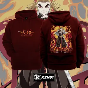 Rengoku Flame Hashira Hoodie with Fire Sword Design, Gift for Anime Fans, Maroon Pullover Sweatshirt, Demon Slayer Streetwear Fit
