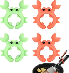 4Pcs Crab Spatula Holder for Pot Anti-Scalding Silicone Crab Spatula Holder Cute Cooking Utensil Rest Adjustable Over Spill Stopper, Kitchen Creative Gadget, Greem Red