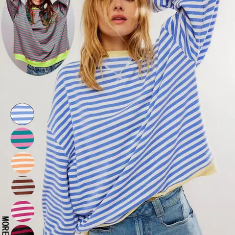 Women's Loose-Fit Baggy Oversized Casual Colorblock Striped Long Sleeve Knit Pullover, Fashionable All-Season Wear, Stylish Daily Sweatshirt, Womenswear, Knitwear, Tops