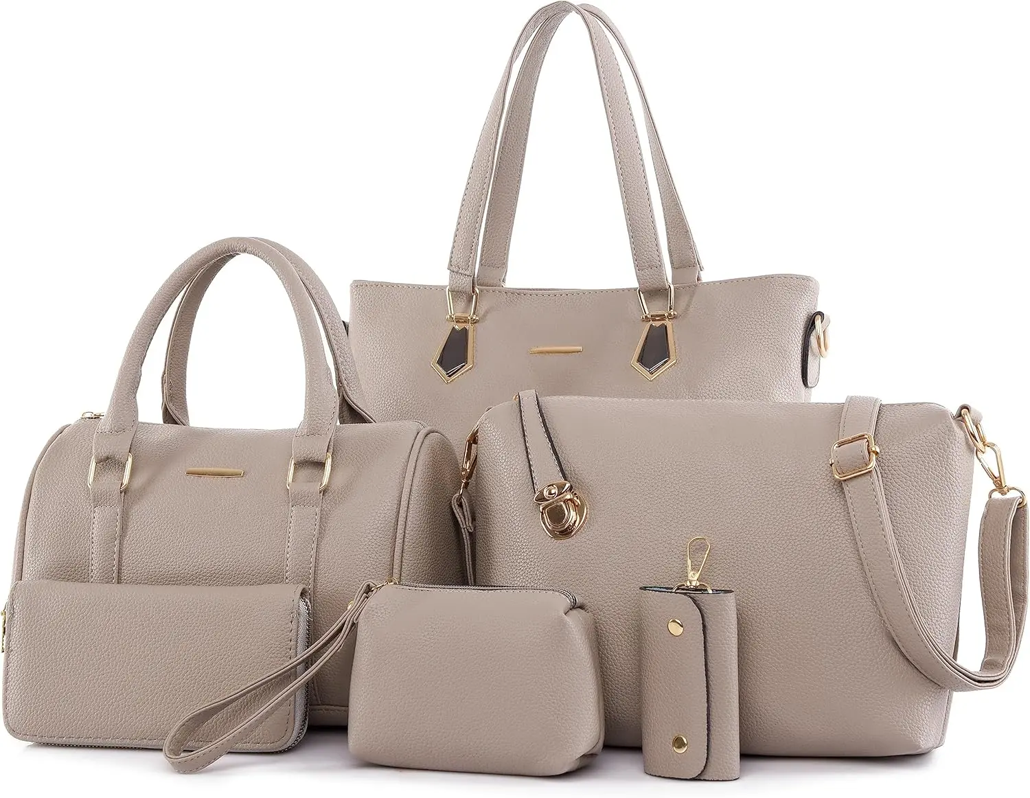 Women's Handbag Set, 6-Piece Faux Leather Tote, Top Handle Satchel, Crossbody Bag, Hobo, Clutch, and Card Holder Collection, Christmas, Party, Dating, Casual