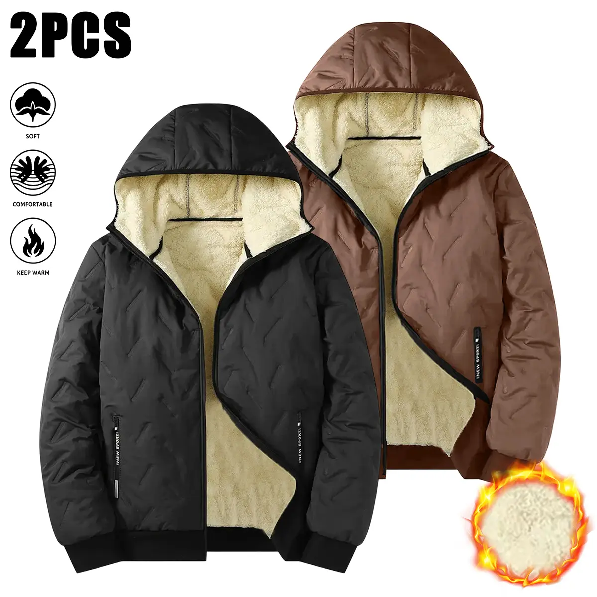 JOGWAVE 2PCS Men’s Slim Fit Winter Jacket – Solid color, fleece lining, polyester fiber, hooded design, windproof and warm, suitable for outdoor commuting, woven material, hood protection, long sleeves cover arms, minimalist style keeps outfits clean, win