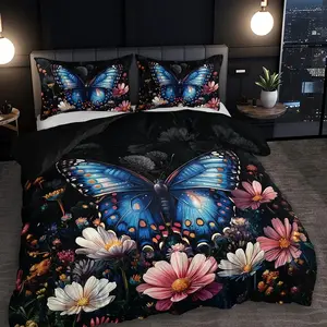 3-Piece Floral Blue Butterfly Print Decorative Bedroom Bedding Set, Includes 1 Duvet Cover and 2 Pillowcases, Polyester Fiber Material, No Quilt Included
