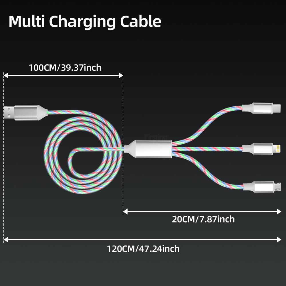 2 Packs 3-in-1 LED Glow Charging Cable, Flowing Light USB Cable, Universal 3 in 1 Charger Cord with USB C/Micro USB/Lightning, Compatible for iPhone Android Phones