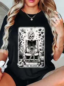 100% Cotton Skeleton Reading Book The Reader Tarot Card Funny Book T-Shirt