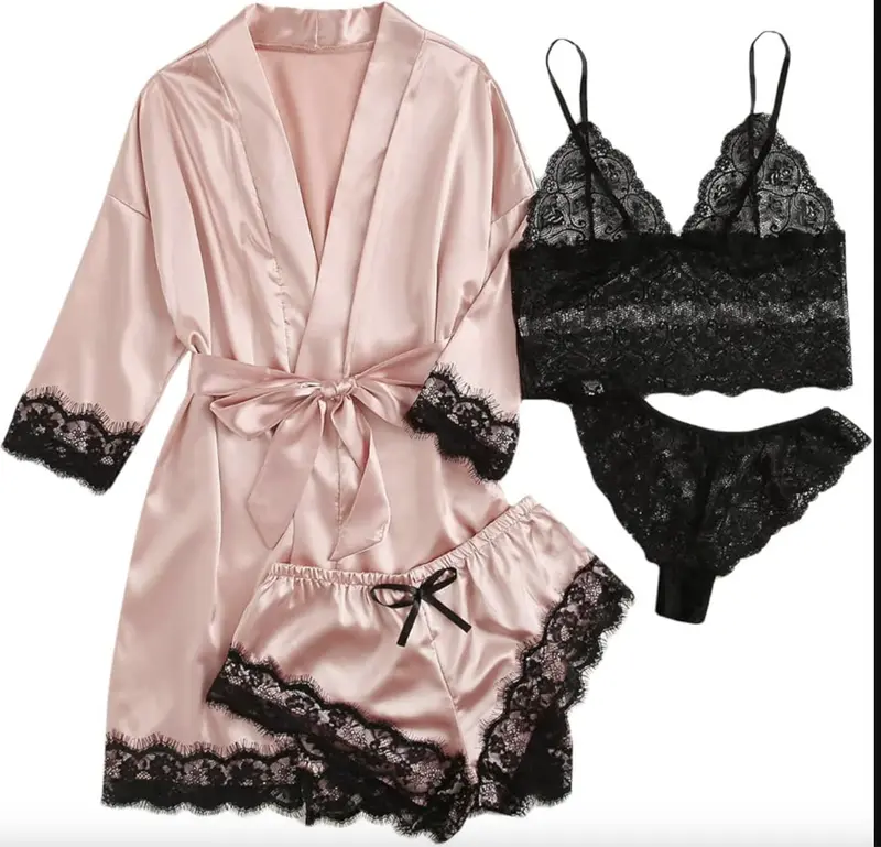 Women's Silk Satin Pajamas Set 4pcs Lingerie Floral Lace Cami Sleepwear with Robe FallFreshness Basic Minimalist - Womenswear