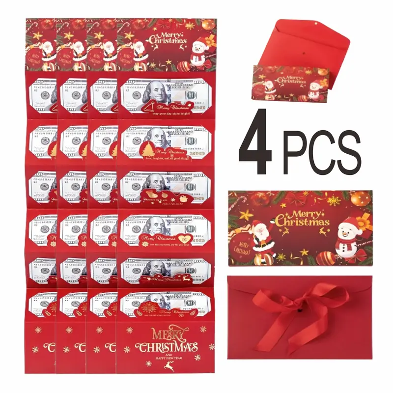 4PCS Christmas Cash Gift Envelope Set - Office Stationery with Cartoon Greeting Card, Happy Birthday Card, Unique Folding Design Cash Holder, Red Suit for Friends & Family, Christmas Gifts for Coworkers