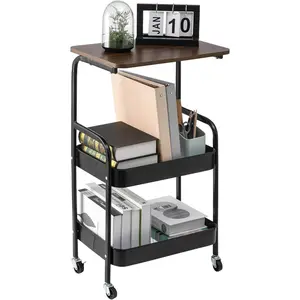 3-Tier Rolling Cart with Wooden Tabletop, Mobile Organizer with Lockable Wheels for, & Home