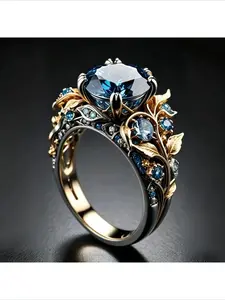 Fantasy Style Blue Diamond Engagement Ring, Two-Tone Metal with Filigree, Wedding Promise Ring for Her