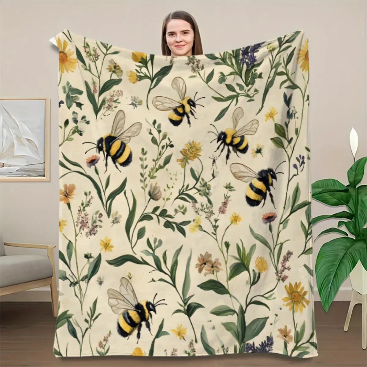 1pc Vintage Bee & Floral Print Cozy Throw Blanket - Soft Flannel All-Season Blanket for Sofa, Bed, Camping, Travel - Rustic Home Decor Gift with Bees & Botanical Design, Comfortable Texture