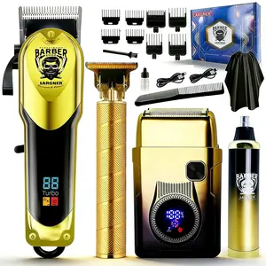 Men's Professional Barber Hair Clippers Set, Cordless Beard Trimmer & Electric Shaver, Rechargeable 4-Piece Kit with LED Display