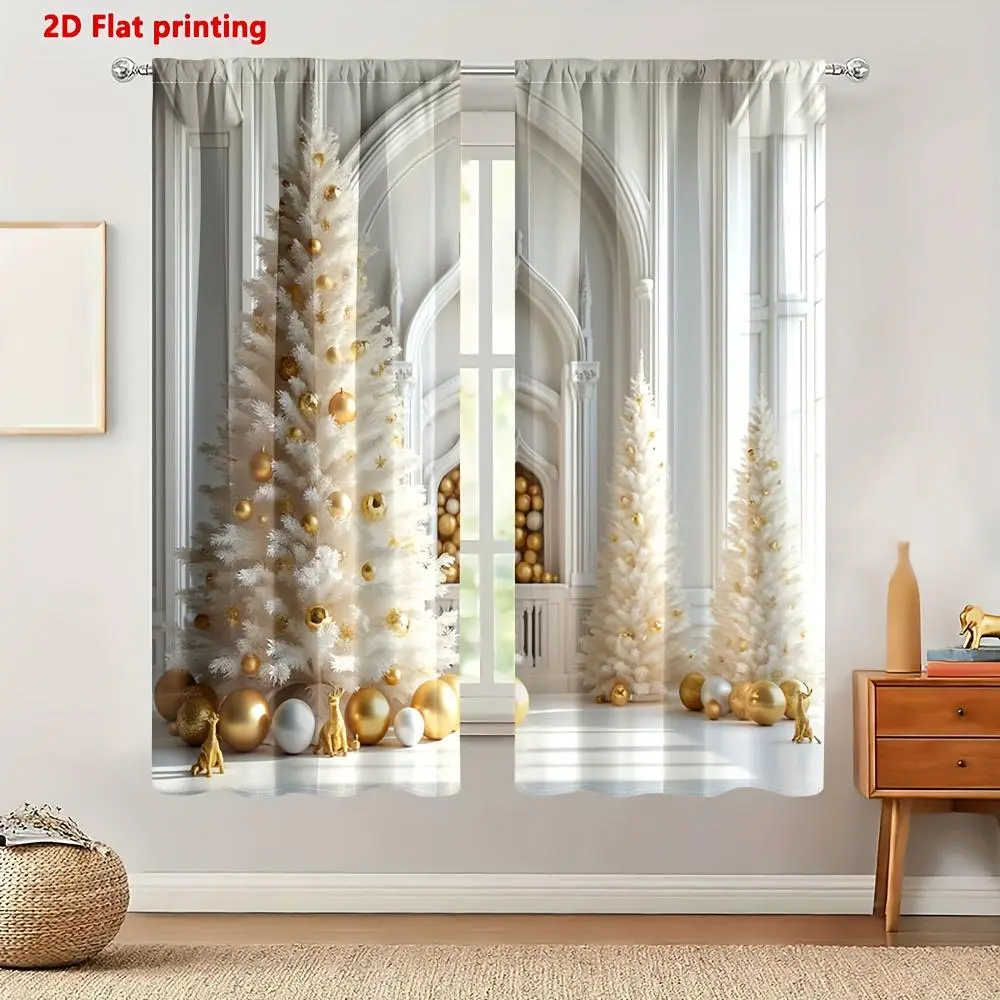 2D Flat Print 2-Piece Set Christmas Decorative Curtains Christmas Tree and Decorative Balls Polyester Privacy Curtains Thermal Insulation Curtains Suitable Living Room, Bedroom, Dining Room, Home, Holiday Decoration D elegant drape