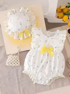Fresh Floral Two-Piece Baby Set, Ruffled Sleeve Bodysuit with Matching Sun Hat, Soft Ribbed Fabric for Newborns 0-3 Years, Baby Girl Clothes