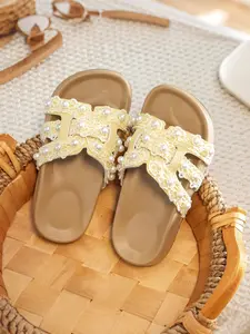 Toddler Little Girls Lace Pearl Slide Sandals, Soft Non-Slip Sole Open Toe Casual Summer Slippers, Breathable Lightweight Beach & Indoor Slides for Kids