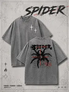 Vintage Gothic Spider Cross Target Spiderweb Grunge T-Shirt, Washed Gray Cotton Oversized Short Sleeve Tee, Front Back Print Alt Punk Casual Crewneck Shirt