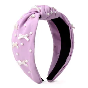 Purple Headband Bow Pearl Knotted Headbands for Women Girls Cute Fashion Wide Headbands for Women Non Slip Hairbands Head Bands for Women's Hair Bow Hair Accessories