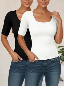 Ribbed U-Neck Short Sleeve Basic T-Shirt 2-Piece Set, Casual Fitted Solid Pattern, Comfortable Daily Wear, Perfect for Summer