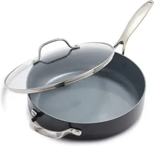 Green Valencia Pro Hard Anodized Healthy Ceramic Nonstick 4.5QT Saute Pan Jumbo Cooker with Lid, PFAS-Free, Induction, Dishwasher Safe, Oven Safe, Gray