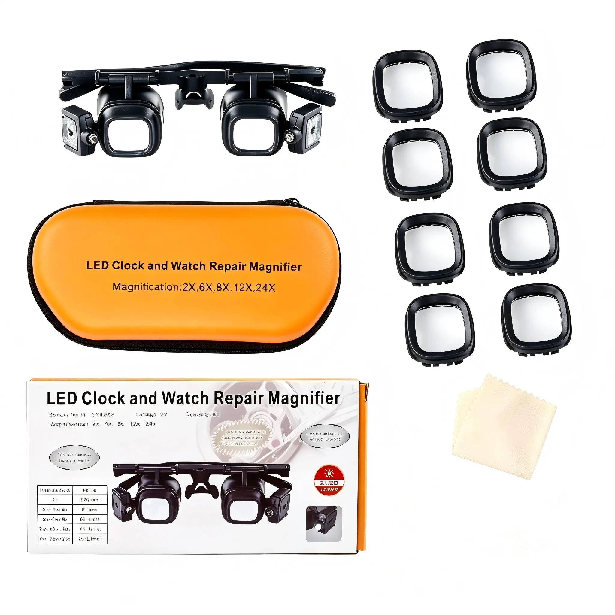 Head-Mounted Magnifying Glasses with LED Light, Hands Free Magnifier with 2X,6X,8X,10X, 24X Interchangeable Lenses for Close Work, Crafts, Jewelry, Electronics Repair