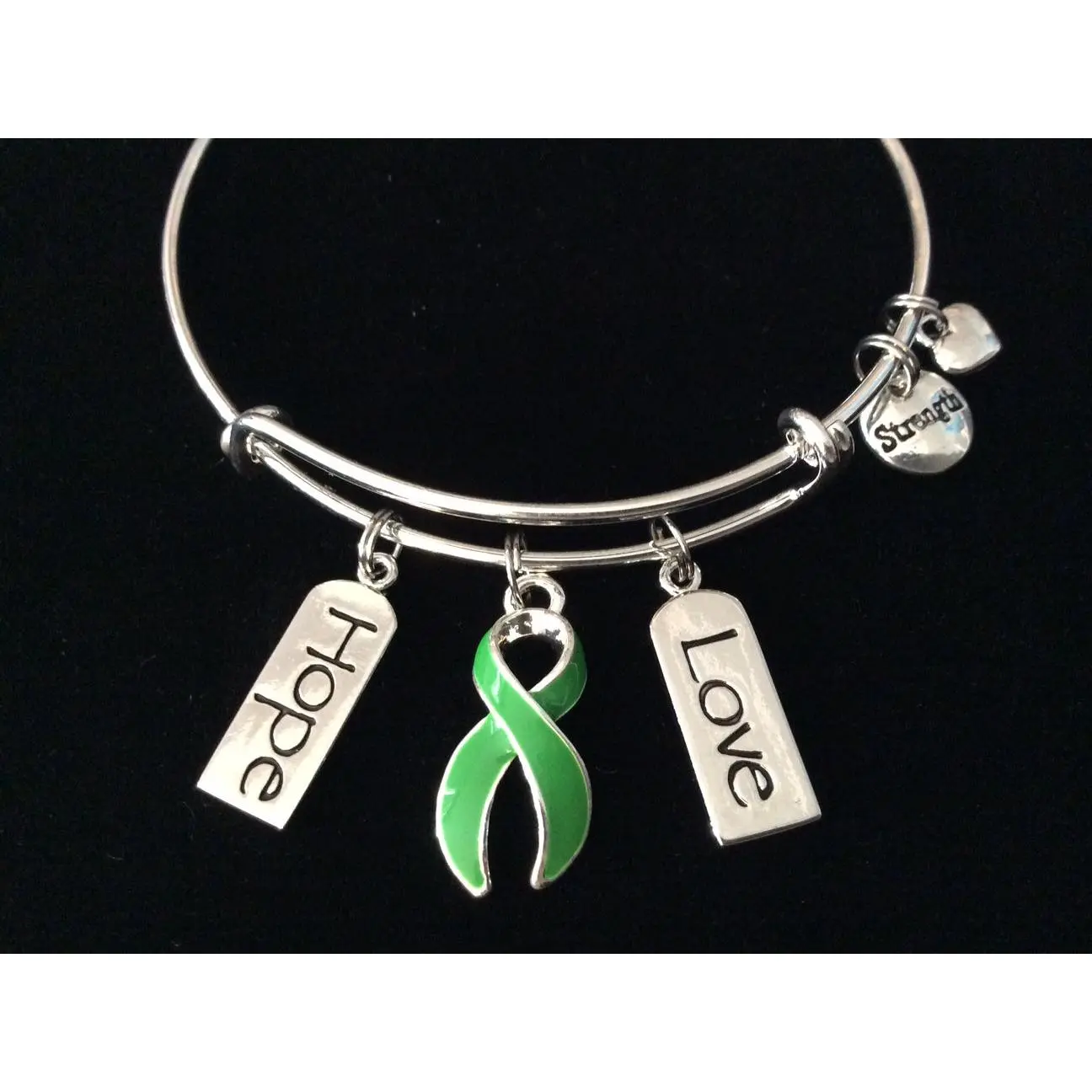 Hope Love Strength Green Awareness Ribbon Expandable Charm Bracelet Adjustable Bangle Gift
