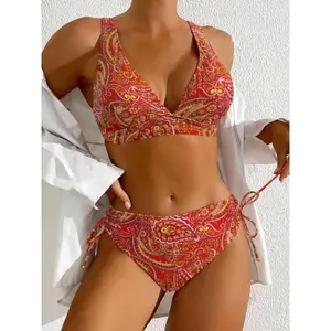 Two-Piece Set Women's Paisley Print Bikini Set, Casual Adjustable Strap V Neck Swim Top & Tie Side Swim Bottom, Ladies Swimsuit for Beach Holiday Vacation, Bikinis Sets, Ethnic Pattern Bikini