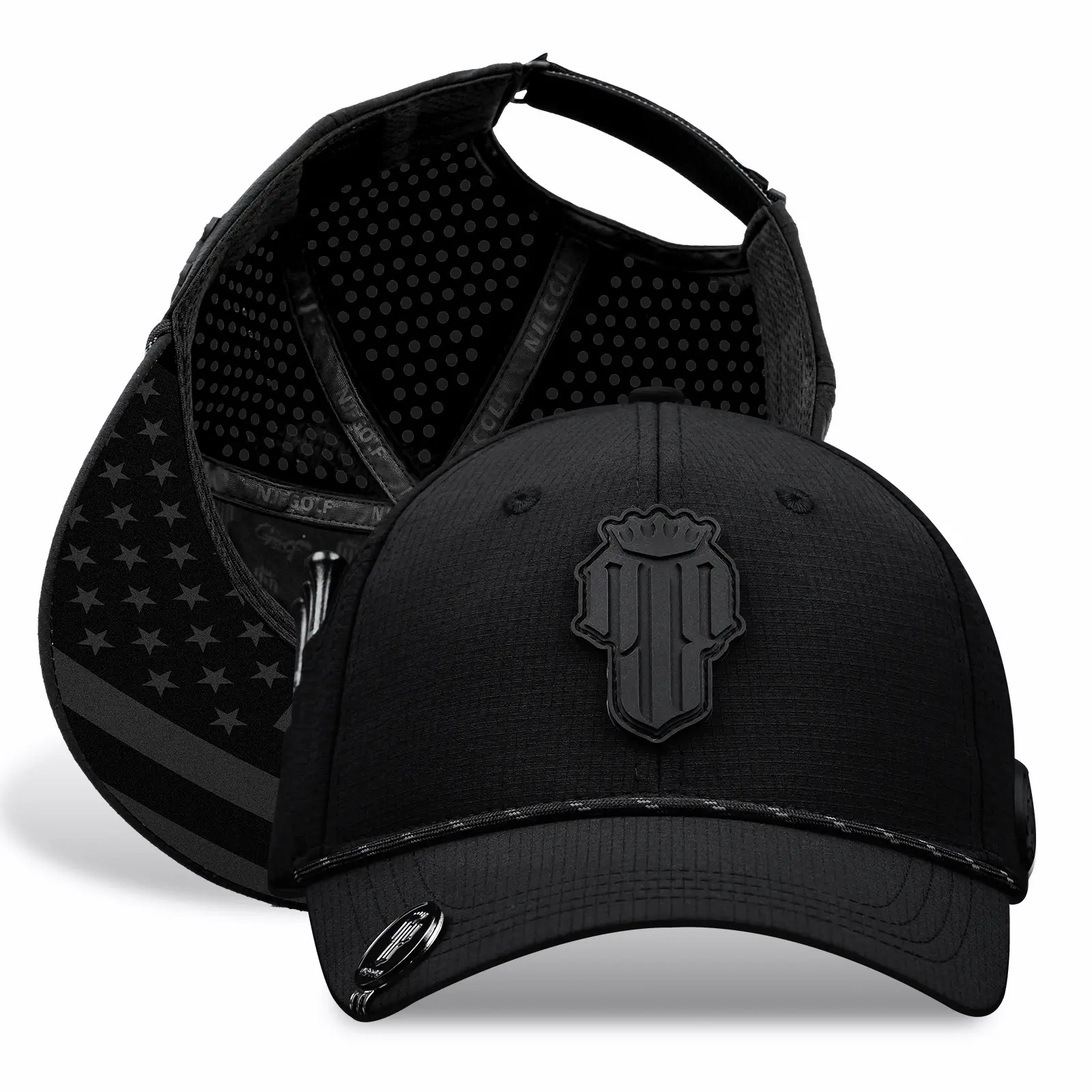 NJF Golf low profile Hat for Men Phantom PRO X Black, Adjustable Snapback USA Caps for Men Golf Hat with Tee Holder, Breathable Golfing Hats, Includes 3 Tees and 1 Marker, Quick-Dry Moisture-Wicking Design