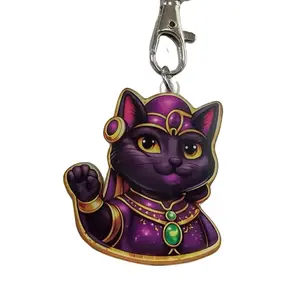 Autism Awareness Keychain Featuring Enchanting Black Cat Design with Golden Accents and Green Gemstone