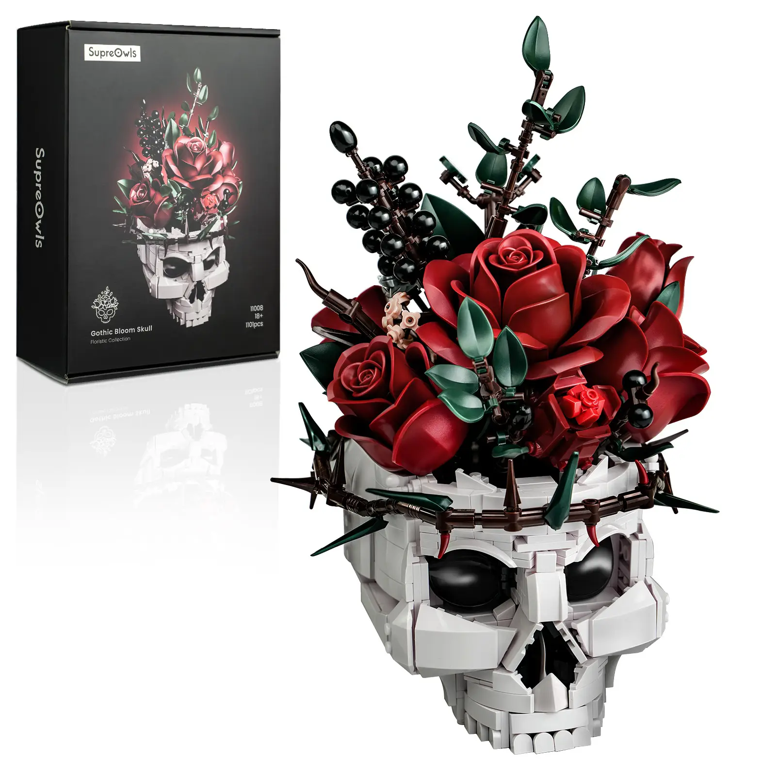 Supreowls Gothic Skull Rose Building Set for Adults, Dark Botanical Art Block Kit for Gothic Fans & Brick Collectors, Halloween Valentine’s Day Decor