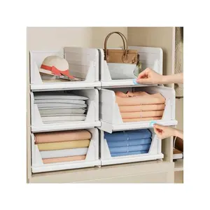 5 Pack Stackable Closet Organizer Box - Stackable Storage Bins, Plastic Storage Basket Foldable Closet Storage Basket For Wardrobe Cupboard Kitchen Bathroom Officem, White