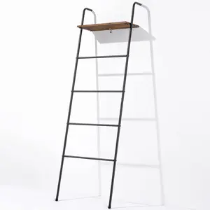 Blanket Ladder 5 Layer Wall-Leaning Blanket Rack with Shelf Decorative Blanket Ladder Shelf Metal Leaning Towel Ladder Rack for Blankets or Quilts for Living Room Bathroom Rustic Black