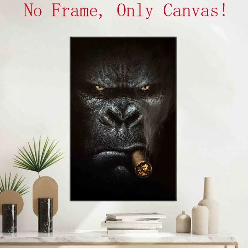 Unframed Artistic Smoking Gorilla Polyester Canvas Print - Graphic Detail Artwork with Plaid, Polka Dot, Houndstooth, Marble Accents, Home Decor, Man Cave Poster, Premium Gift for Him
