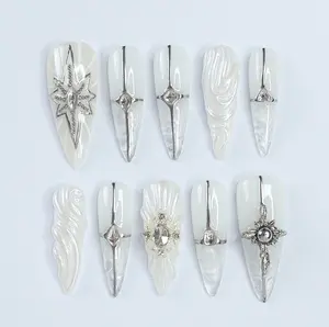Elevate Your Holiday Style: Stunning Long Almond Press-On Nails with Silver & Chrome Lining – Perfect for Christmas Day or Gift for Her Dominickins