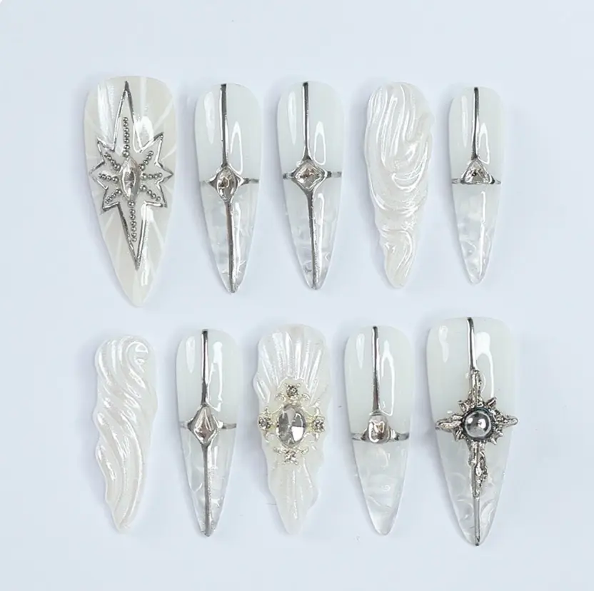 Elevate Your Holiday Style: Stunning Long Almond Press-On Nails with Silver & Chrome Lining – Perfect for Christmas Day or Gift for Her Dominickins