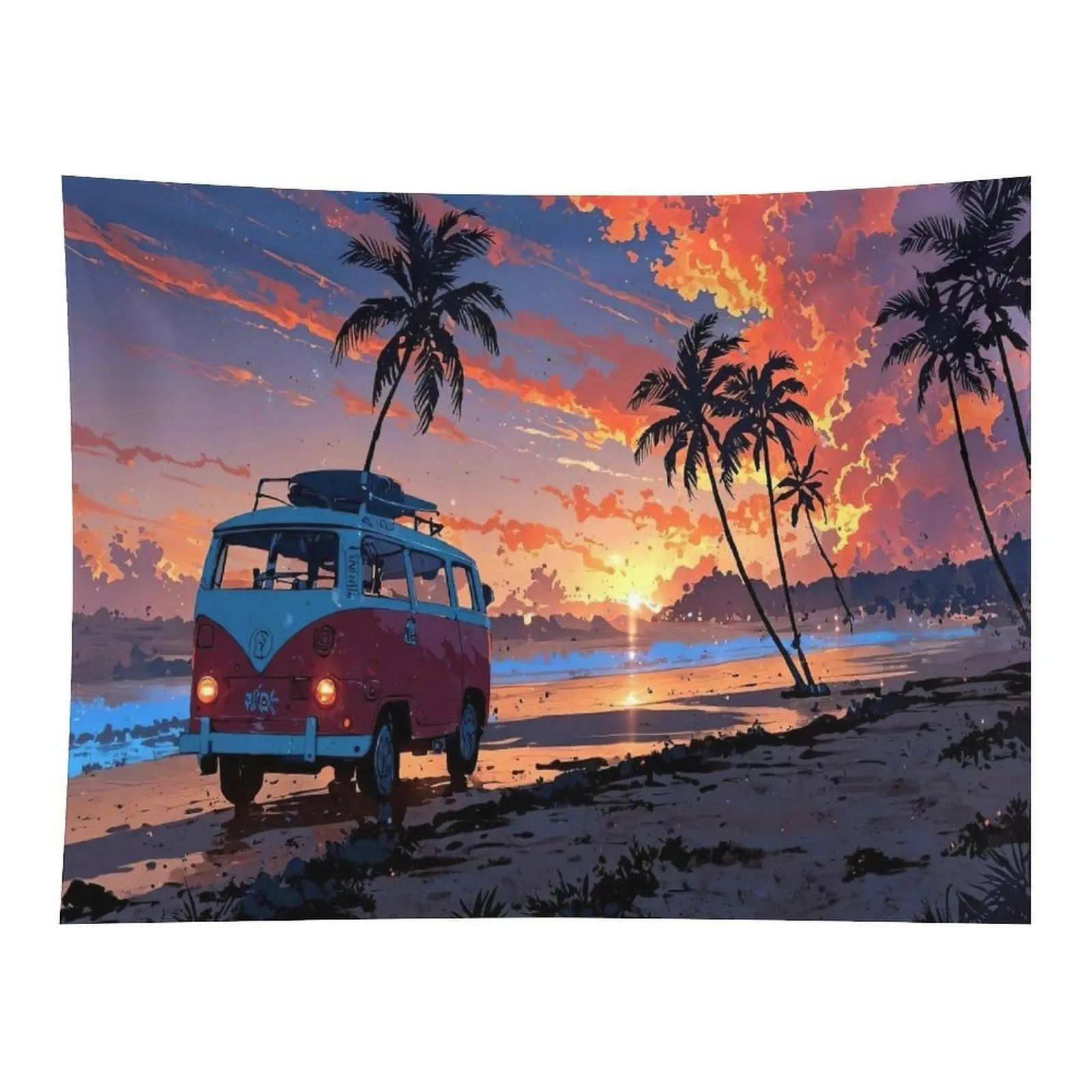 Retro Surf Camper Van Palm Tree Beach Sunset Anime Style Wall Tapestry Wall Hanging, 70s Hippie Coastal Road Trip Vibrant Orange Sky Decor for Teen Bedroom Dorm Backdrop