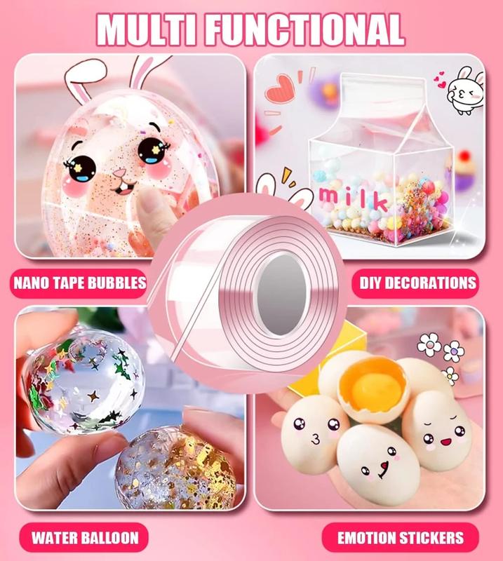 Nano Tape Bubble Kit, Nano Double Sided Adhesive Tape Bubbles, 5Pcs Nano Tape,1m/3.28 ft Each Roll Nano Tape Double Sided Tapes with Luxe Glitter, Clay, Beads, Cute Stickes for Party Favors