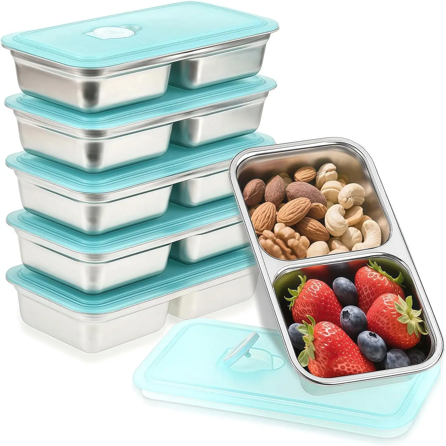 Stainless Steel Snack Containers, 6-Pack Reusable Grab and Go Containers with Lids, Dual Compartment Bento Box for Travel, Camping & Lunch Prep BSTUR