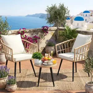 3-Piece Outdoor Rattan Patio Furniture Set, All-Weather Wicker Conversation Bistro Set with Round Table, Sturdy Rust-Proof Frame Soft Cushioned Chairs, Space Saving Multi-Purpose Leisure Furniture for Garden, Balcony, Backyard, Porch, Deck