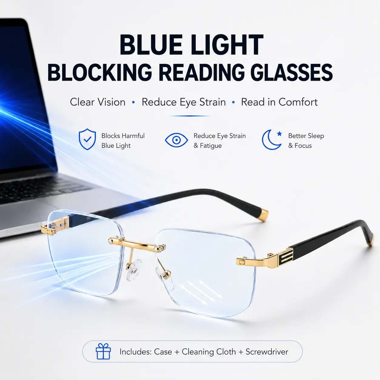 Rimless Reading Glasses , Blue Light Blocking Readers , Lightweight Gold Frame Clear Lens Eyeglasses for Men Women, Daily Reading Work Travel