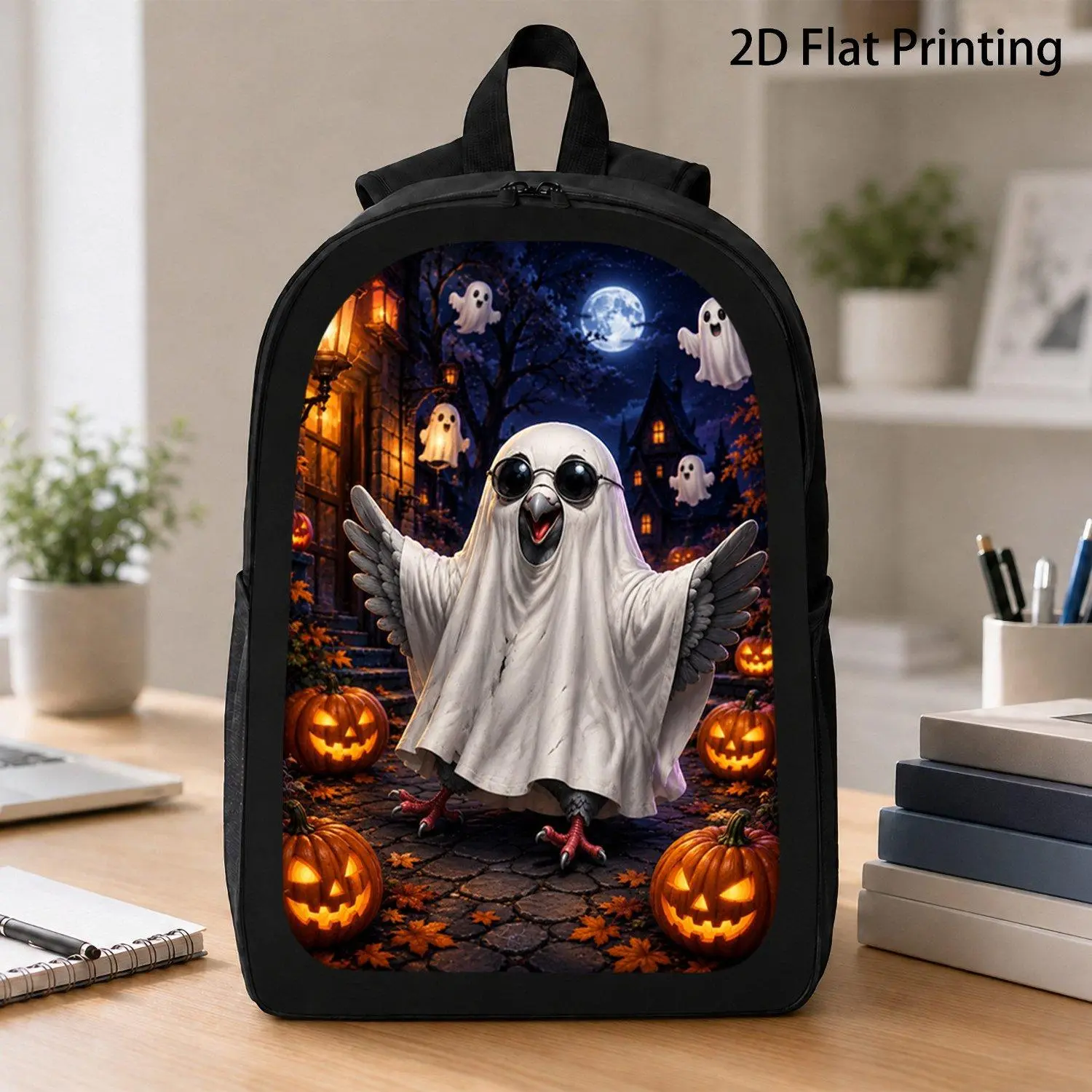 [17 Inch Backpack] 1pc Funny Ghost Pigeon With Sunglasses Halloween Spooky Ghost Pumpkin Print Backpack Trendy Holiday Graphic Backpack For School Travel Daily Use