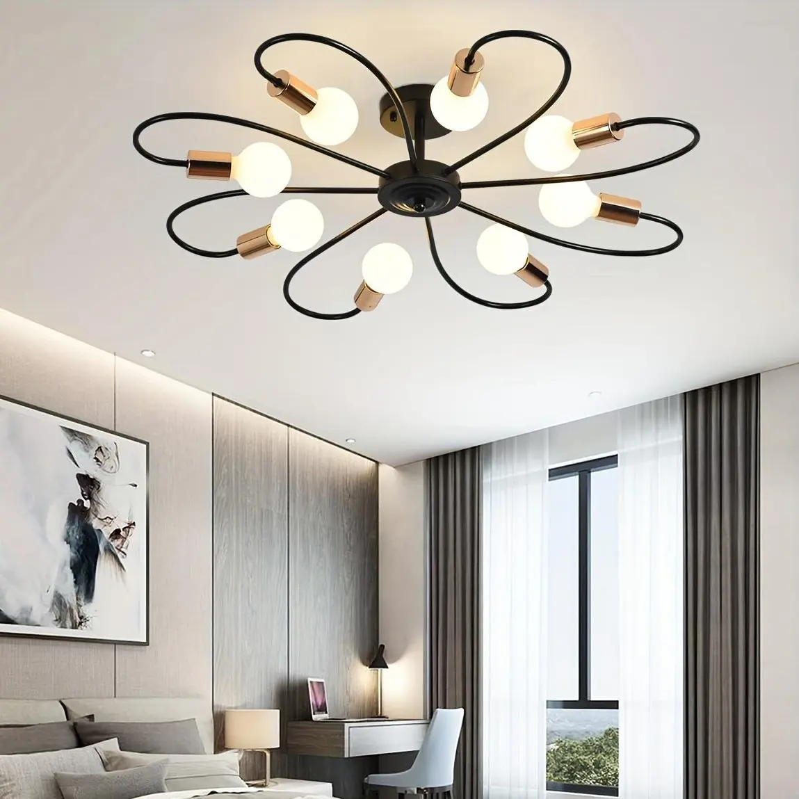 8-Light Modern Sputnik Semi Flush Ceiling Chandelier - Mid-Century Black-Gold Metal Dimmable Light, 110-220V Industrial Vintage Fixture, 33*33*4.7 in, 60W for Kitchen Islands, Bedrooms