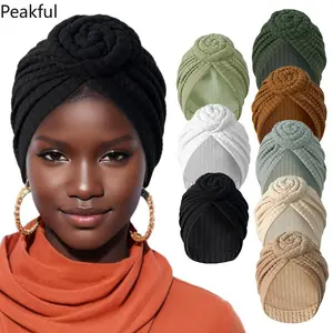 Viral Ribbed Knotted Turban Hat, Fashion Pre-Tied African Headwrap, Soft Elastic Head Cover for Women, comfortable lightweight fabric & easy wear design, ideal for chemo use, bad hair days and cultural-inspired looks