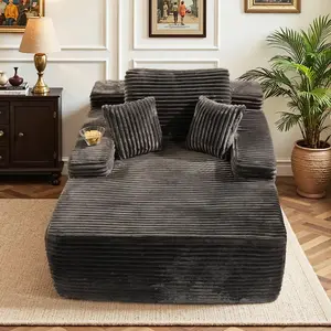 67-Inch Oversized Indoor Lounge Chair, Corduroy Frameless Sofa Chair, with Wide Armrests and 3 Throw Pillows, Reading Chair/Sleeper Cloud Sofa, No Assembly Required