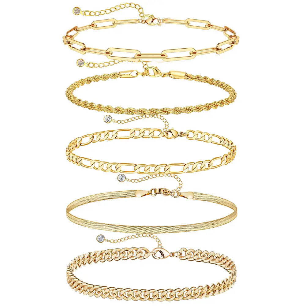MISSAIR 14K Gold-Plated Trendy Bracelet Set for Women - Thin Dainty Stackable Cuban & Paperclip Chain Bracelets Minimalist Elegant Jewelry Gift Set, Cuban Link Bracelet, Gold Stacked Bracelets
