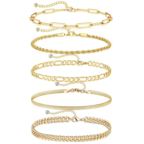 MISSAIR Women's 14K Gold-Plated Chain Mix Bracelet Set - Thin Dainty Stackable Cuban Link Bangle & Paperclip Chain, Adjustable High Quality Minimalist Elegant Fashion Wrist Jewelry Gift Set