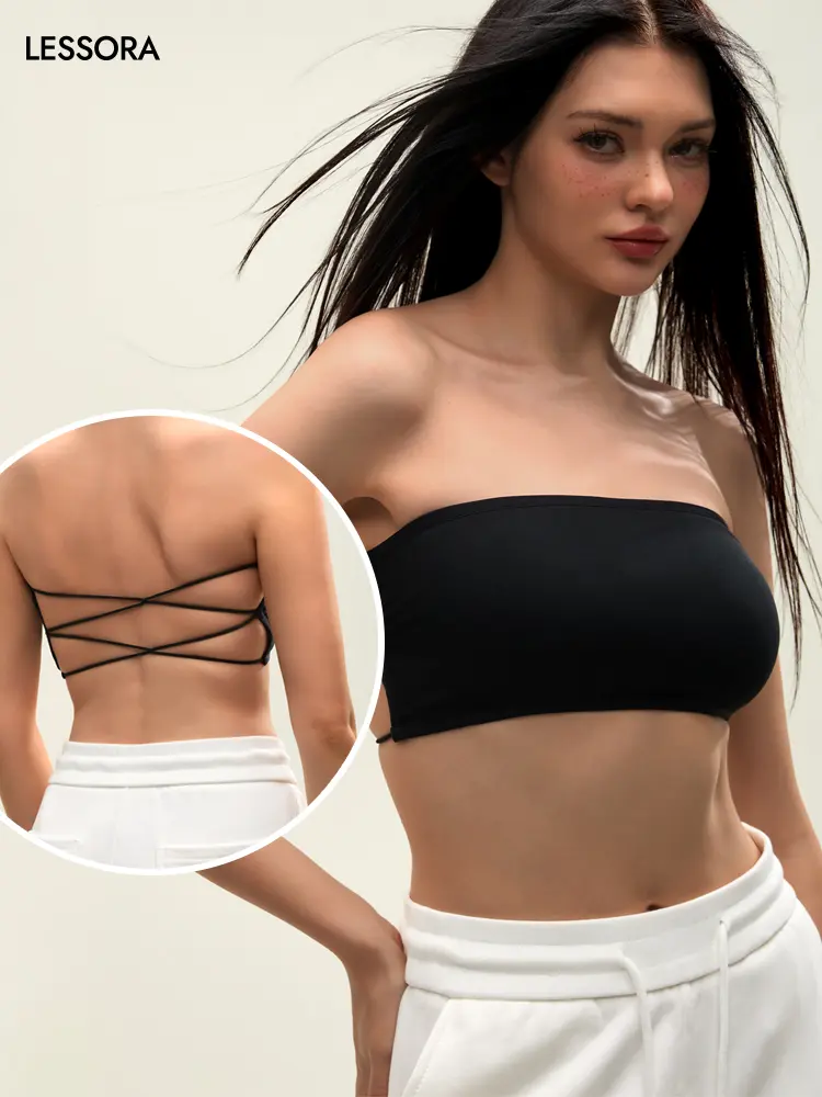 LESSORA Women's Strapless Tube Top Double Layer Fabric Crisscross Back Sleeveless, Summer Vibes Beach Top, Summer Essentials for Outdoor Fun, Mid-Year Sale Restock