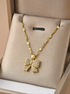 Women's Elegant Rhinestone Decorated Bowknot Design Pendant Necklace, Exquisite Trendy Pendant Necklace, Chic Jewelry As Gift for Girlfriend