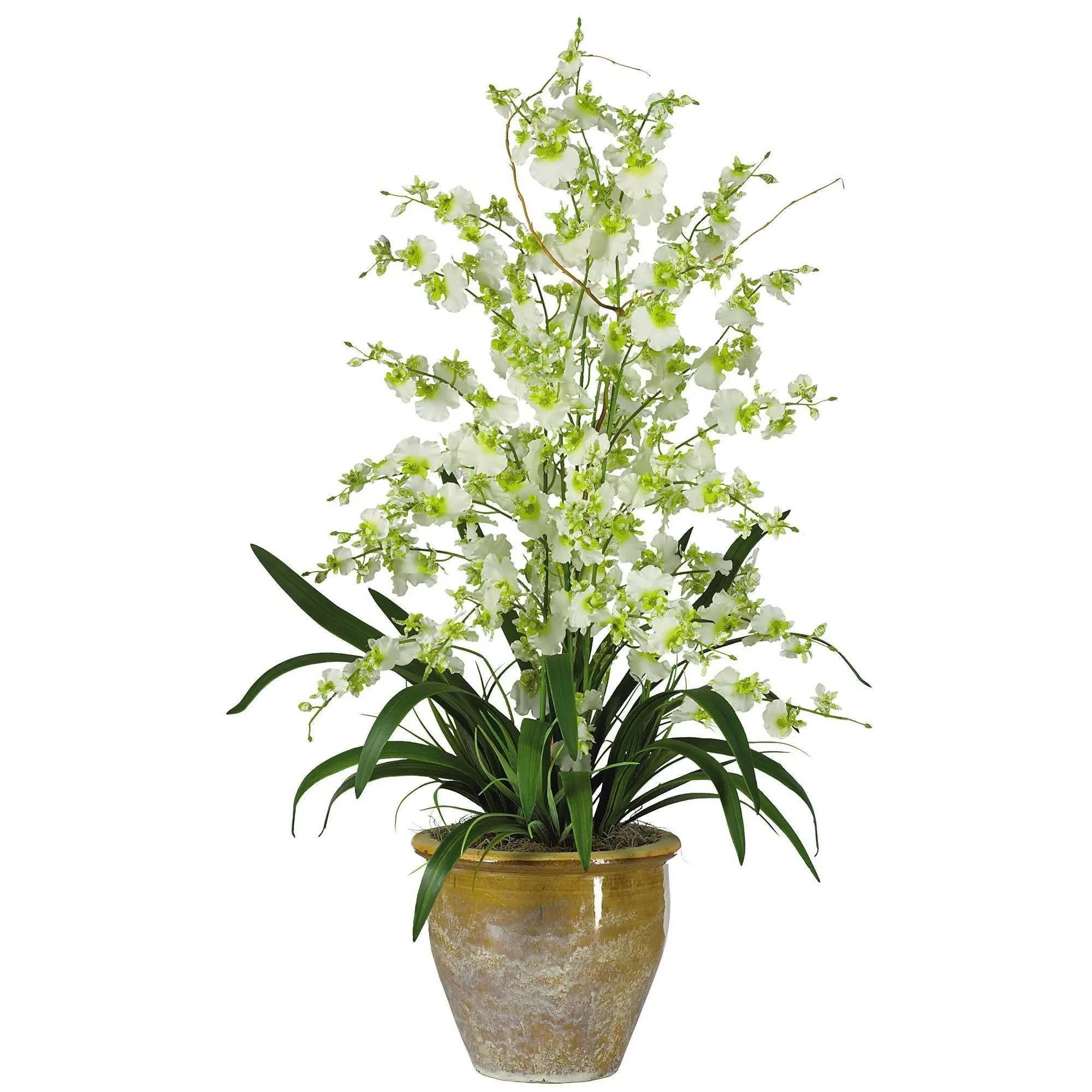 3-Stem Faux Orchid Arrangement with Ceramic Base - Synthetic Silk Dancing Lady Orchid Bloom, Rich Foliage, Faux Plants, Floral Arrangement Centerpiece for Living Room Indoor Home Decor Supplies