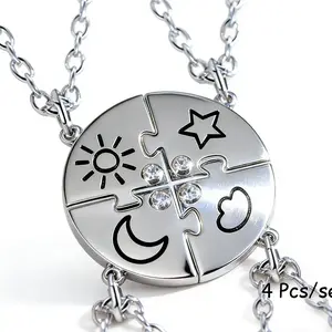 Set of 4 Round Rhinestone Sun Star Moon Cloud Friendship Necklace, BFF Best Friends Forever Fantasy Cute Pendant for Unbreakable Friendship Family