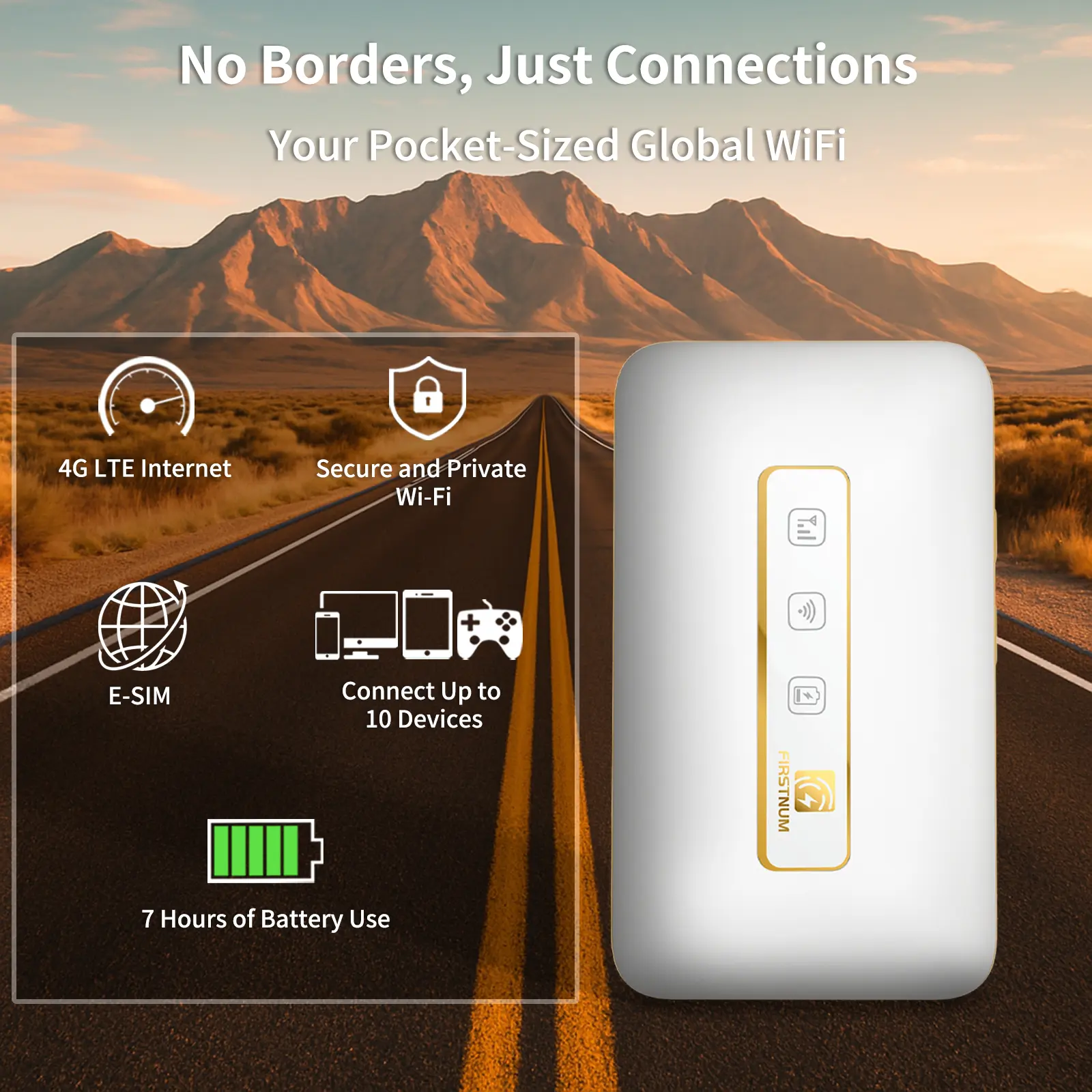 FIRSTNUM Portable eSIM 4G Tri-Band Smart Wireless Outdoor Pocket WiFi Router - USB, No SIM Card/Contract, 1GB Free Monthly Data, Connect Up to 10 Devices, International Use for Road Trips/RV Life in 150+ Countries