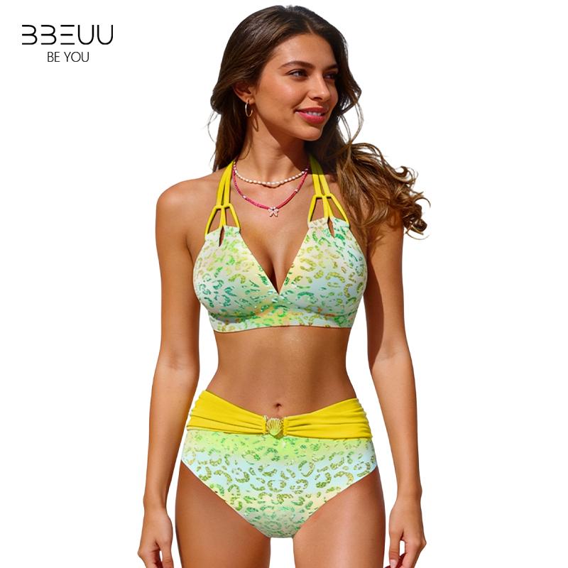 BBEUU Gradient Leopard Print High-Waisted Bikini Set with Adjustable Halter Tie-Back Top Ruched Waistband Durable Polyester Fabric in Pink Blue Purple Green Yellow Sizes S-3XL
